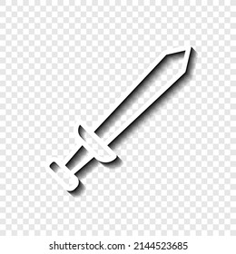 Icono simple de espada. Diseño plano. Blanco con sombra en la cuadrícula transparente.ai