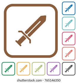 Sword simple icons in color rounded square frames on white background
