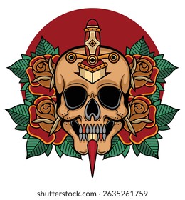 sword and skull traditional tattoo, vector EPS 10