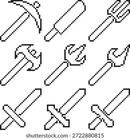 Espada, tridente de lança, arma, machado, machado ícone de recurso de jogo de machele arte de pixel vetor preto-branco