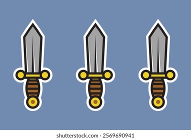 Sword Sticker vectors, Three Swords A set of three cartoon-style swords, each with a silver blade, brown handle, and gold accents. They are arranged horizontally against a blue background.  