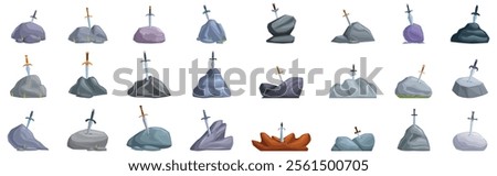Sword stone icons set. Set of excalibur swords implanted in different stones, creating a powerful symbol of strength and legend