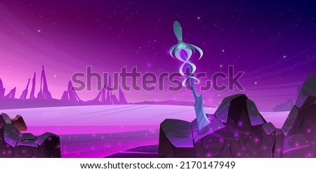 Sword in stone on alien planet surface. Background for game or virtual travel for kids. Arthur king excalibur stuck in rock, ancient magic blade Vector web banner design