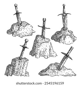 Conjunto de piedra de espada dibujado a mano. Merlin Camelot, caballeros mágicos, boceto de Vector de piedra de espada de profecía del destino. ilustración negra aislada