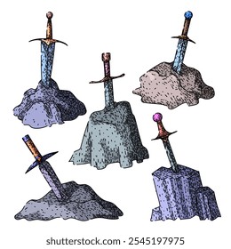 espada pedra definir mão desenhada. merlin camelot, cavaleiros mágicos, profecia destino espada pedra vetor esboço. ilustração de cor isolada