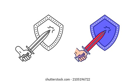 Sword stub to shield icon set. Sword in the air with protection barrier special collection linear icon set. Upload your creative defense related vector. Editable linear icon set.