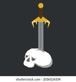 A sword stuck in the skull. Can be used in design and logo. it can be used in the game icon.