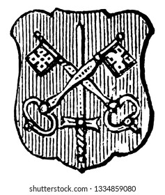 Sword Surmount by Keys es una figura o un cojinete que tiene otra sobre ella, dibujo de línea vintage o ilustración de grabado.