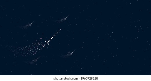 A sword symbol filled with dots flies through the stars leaving a trail behind. Four small symbols around. Empty space for text on the right. Vector illustration on dark blue background with stars