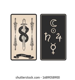 Sword tarot card front and back. Tarot card with snake around sword vector illustration.