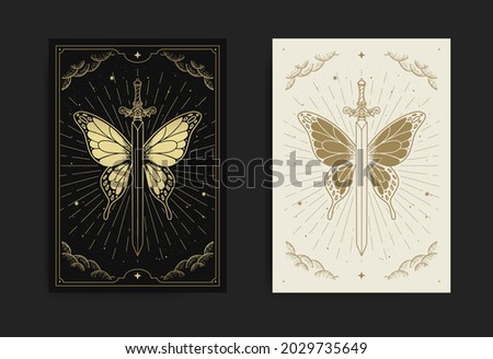 Sword that has butterfly wings in engraving, luxury, esoteric, boho, spiritual, geometric, astrology, magic themes, for tarot reader card. Premium Vector