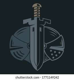 Espada con torre y dos cascos reales. Resumen de la composición medieval aislada en el fondo negro. Plantilla para logotipo, etiqueta, emblema, placa. Ilustración vectorial.