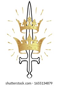 Sword and two crowns. Vintage gothic style inspired art. Vector illustration isolated. Tattoo design.