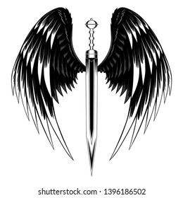 Sword with two wings. Black and white vector image on white background.