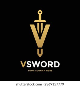 Sword V letter or number vector logo template. This logo use gold. Suitable for business