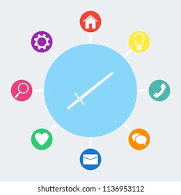 Sword vector icon. Bonus icons: house, light bulb, phone, speech bubble, email, heart, magnifying glass, settings.