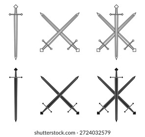 Colección de Ilustración vectorial de espada. Espadas cruzadas. Símbolo de icono militar o heráldico. Señal de protección y seguridad. Arma medieval o caballero. Logotipo de esgrima de espada larga de fantasía.
