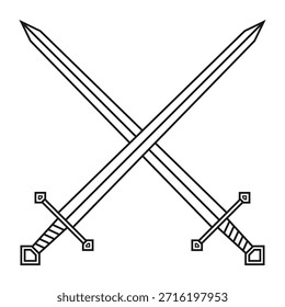 Ilustração do vetor de espada. Espadas cruzadas símbolo de ícone militar ou heráldico. Sinal de proteção e segurança. Arma medieval ou cavaleiro. Logo de esgrima de espada longa fantasia.