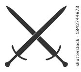 Sword vector illustration icon. Crossed swords military or heraldry symbol. Protection and security sign. Medieval or knight weapon. Fantasy longsword fencing logo. Clip-art silhouette.