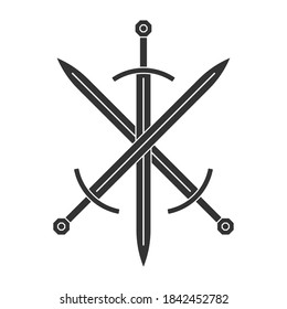 Icono de ilustración de vector de espada. Espada cruzada símbolo militar o herálico. Signo de protección y seguridad. arma medieval o de caballero. Logo de la espada de largo. Silhouette de dibujos animados.