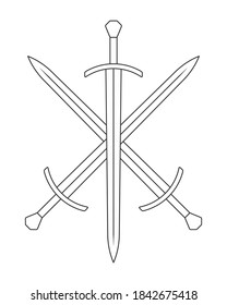 Sword vector illustration icon. Crossed swords military or heraldry symbol. Protection and security sign. Medieval or knight weapon. Fantasy longsword fencing logo. Clip-art silhouette.