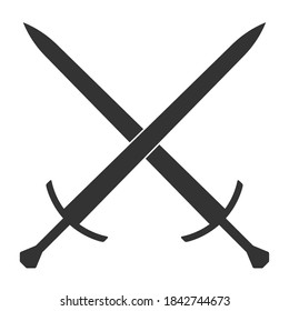 Sword vector illustration icon. Crossed swords military or heraldry symbol. Protection and security sign. Medieval or knight weapon. Fantasy longsword fencing logo. Clip-art silhouette.
