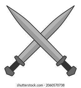 Icono de ilustración de vector de espada. Símbolo militar o heráldico de espadas cruzadas. Signo de protección y seguridad. arma medieval o de caballero. Logo de la esgrima de gladius. Silhouette de dibujos animados.