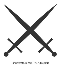 Sword vector illustration icon. Crossed swords military or heraldry symbol. Protection and security sign. Medieval or knight weapon. Fantasy fencing logo. Clip-art silhouette.