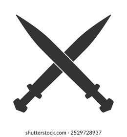 Sword vector illustration icon. Crossed gladius swords military or heraldry symbol. Protection and security sign. Medieval or knight weapon. Fantasy fencing logo.
