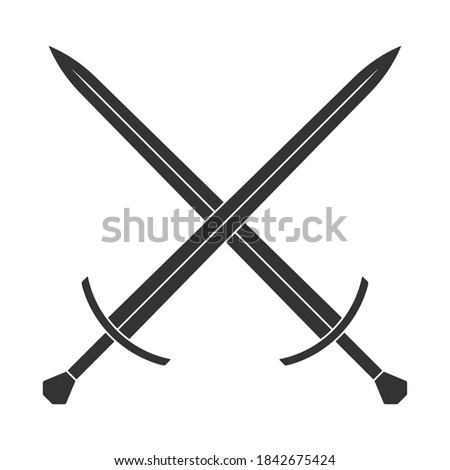 Sword vector illustration icon. Crossed swords military or heraldry symbol. Protection and security sign. Medieval or knight weapon. Fantasy longsword fencing logo. Clip-art silhouette.