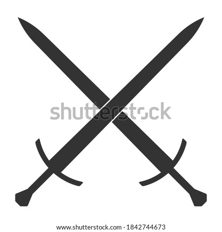 Sword vector illustration icon. Crossed swords military or heraldry symbol. Protection and security sign. Medieval or knight weapon. Fantasy longsword fencing logo. Clip-art silhouette.