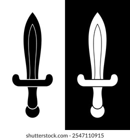 Ilustración vectorial de espada aislada sobre fondo blanco. Arma, espada, cuchillo, mini espada, hoja, guerra, guerrero, acero, hierro, medieval, juego, ataque, pegatina, Clipart, Plantilla, icono.