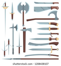 Schwertvektor mittelalterliche alte Waffe des Ritters mit scharfer Klinge und Piraten Messer Illustration Breitschwertset aus Stahl alter Waffenkämpfer einzeln auf weißem Hintergrund