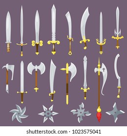 Sword vector medieval weapon of knight with sharp blade and pirates knife illustration broadsword set isolated on background