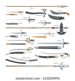 Sword vector medieval weapon of knight with sharp blade and pirates knife illustration broadsword set of battle-axe or knifepoint and spear isolated on white background