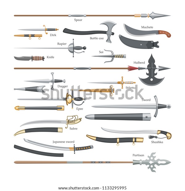 Sword vector medieval weapon\
of knight with sharp blade and pirates knife illustration\
broadsword set of battle-axe or knifepoint and spear isolated on\
white background