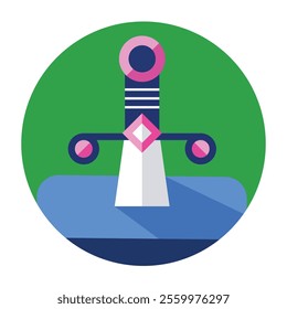 Sword vector round shape, minimal app icon, website, app, emoji, retro futuristic, colorful illustration