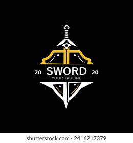 Sword vintage logo design. illustration sword element, can be used as logotype, icon, template coat of arms concept