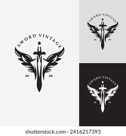 Sword vintage logo design. illustration sword element, can be used as logotype, icon, template coat of arms concept