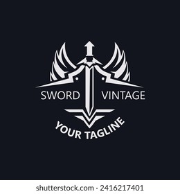Sword vintage logo design. illustration sword element, can be used as logotype, icon, template coat of arms concept