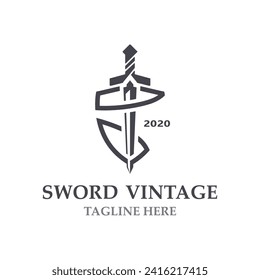 Sword vintage logo design. illustration sword element, can be used as logotype, icon, template coat of arms concept