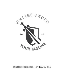 Sword vintage logo design. illustration sword element, can be used as logotype, icon, template coat of arms concept