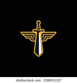 Sword with wings design. Guard. Medieval sword with wings. Design element for logo, label, emblem, sign, badge. Vector illustration