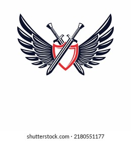 Schwert mit Flügeldesign. Garde. Mittelalterliches Schwert mit Flügeln. Design-Element für Logo, Label, Emblem, Zeichen, Abzeichen. Vektorgrafik