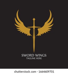 Sword with Wings. Golden Sword Symbol on Black Background.