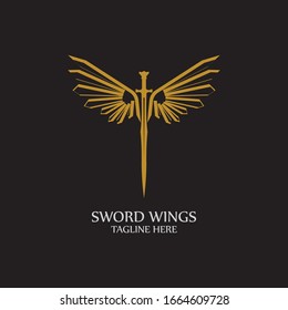 Sword with Wings. Golden Sword Symbol on Black Background.