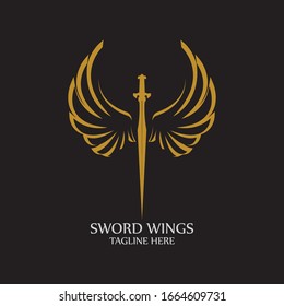 Sword with Wings. Golden Sword Symbol on Black Background.