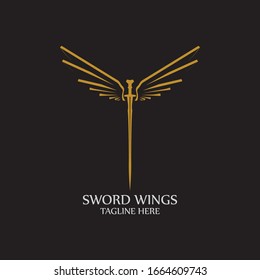 Sword with Wings. Golden Sword Symbol on Black Background.