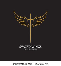 Sword with Wings. Golden Sword Symbol on Black Background.