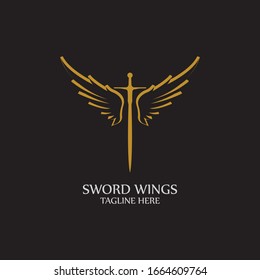 Sword with Wings. Golden Sword Symbol on Black Background.